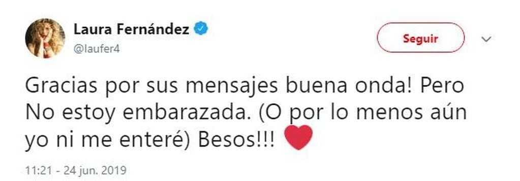 El tuit con el que Laurita Fernández desmintió estar embarazada (Twitter/ @laufer4)