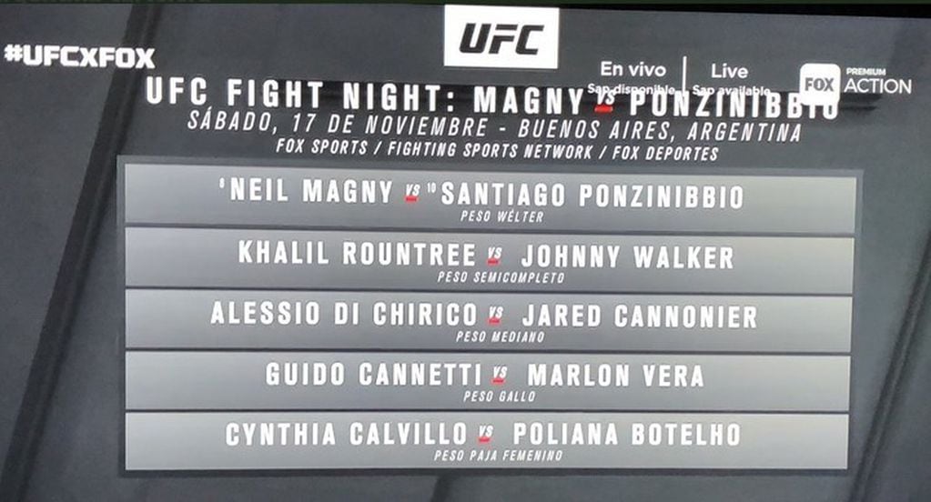 La main card del UFC Fight Night de Buenos AIres anunciado para el próximo 17 de noviembre en Parque Roca.