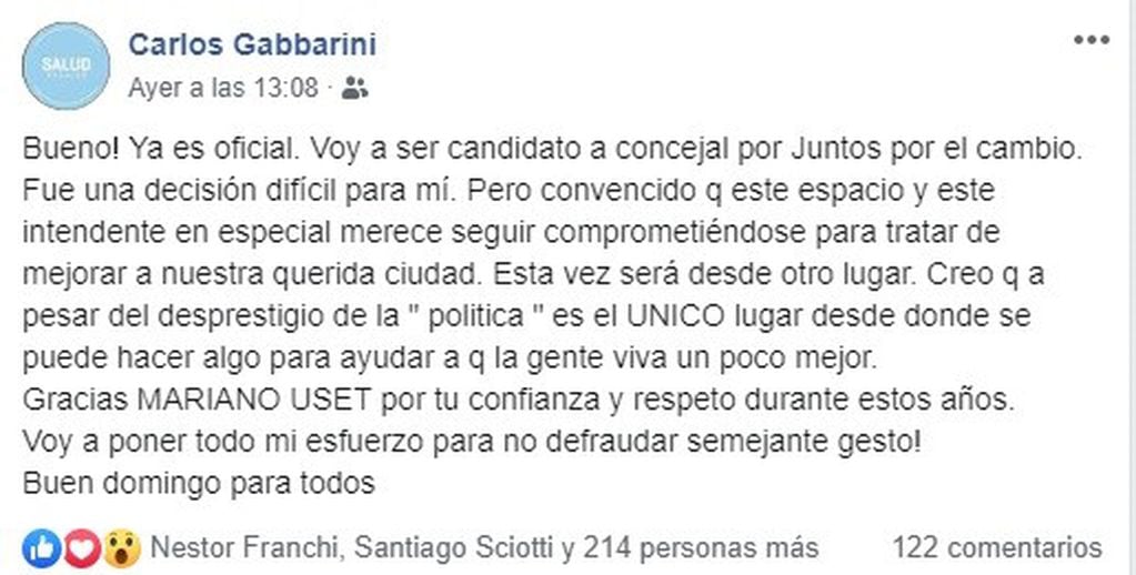Gabbarini compartió en Facebook su candidatura