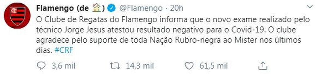 Jorge Jesús no tiene coronavirus. (Twitter/@Flamengo)