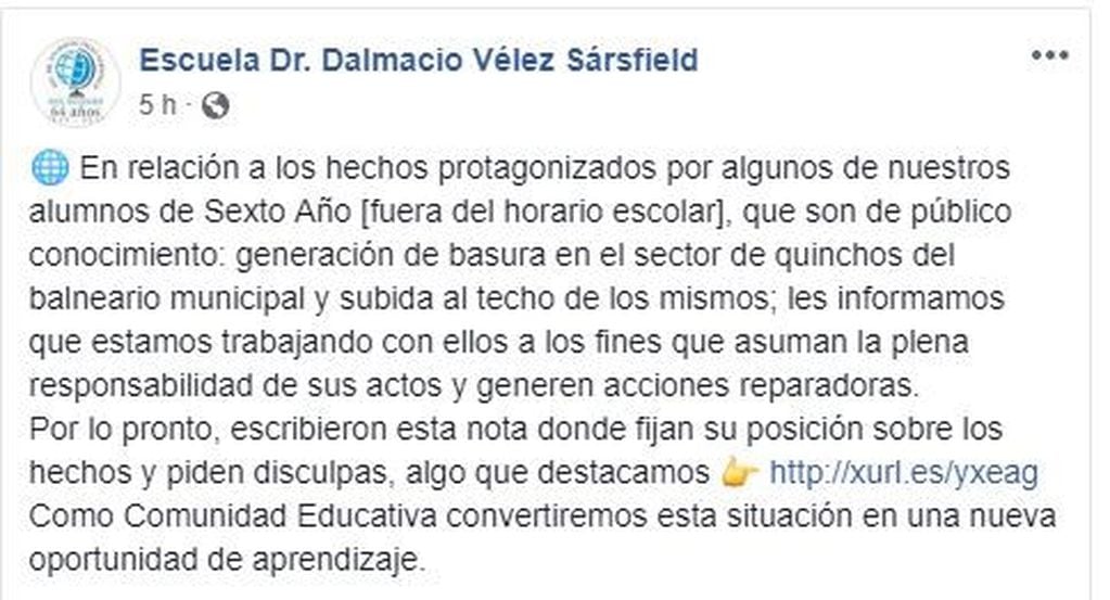 Comunicado Escuela Dr. Dalmacio Vélez Sársfield