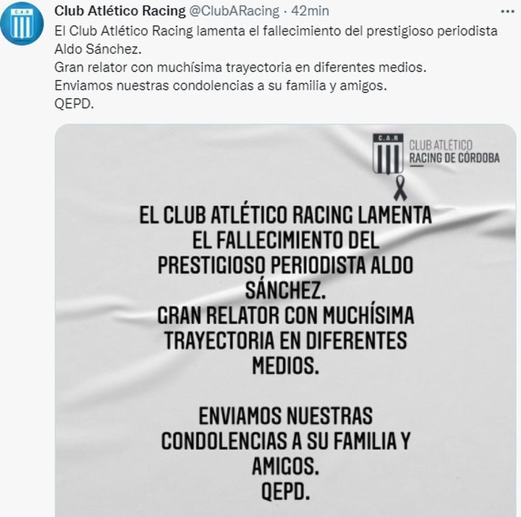 Clubes como Racing también expresaron las condolencias por la muerte del periodista Aldo Sánchez.
