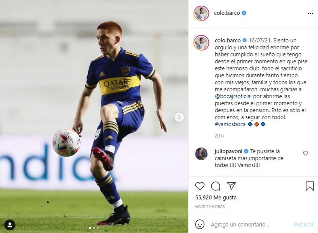 El posteo de Valentín Barco en Instagram tras su debut.