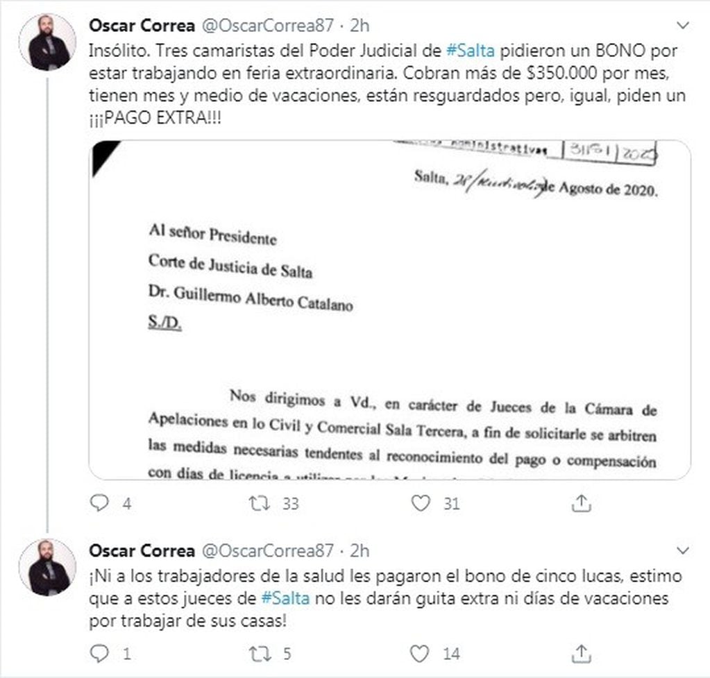 Jueces que cobran más de 350 mil piden un pago extra por la pandemia. (Twitter)