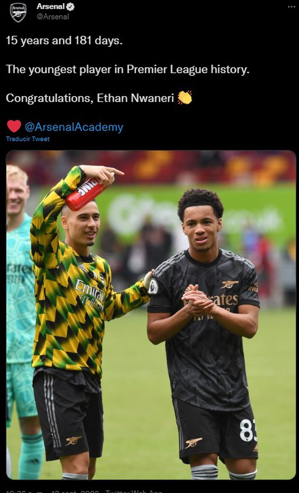 La cuenta de Twitter del Arsenal felicitó a Nwaneri por su debut.