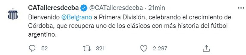 La felicitación de Talleres a Belgrano. Córdoba recupera al clásico en Primera.