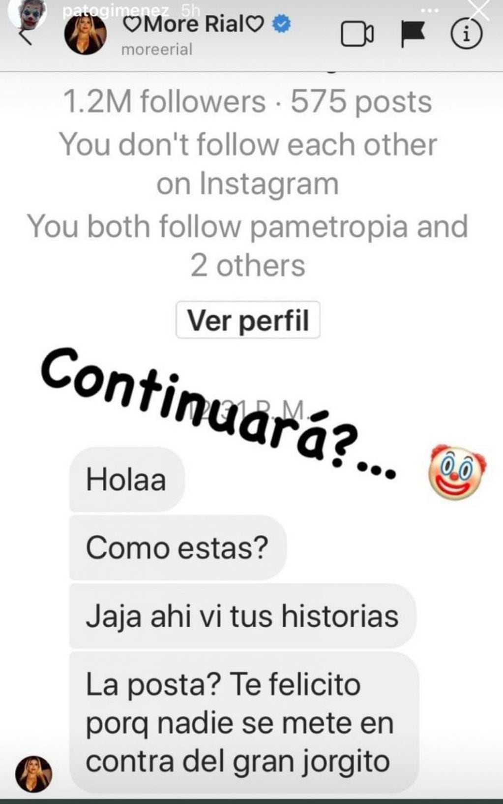 El mensaje de More Rial a Patricio Giménez (Instagram: Captura)