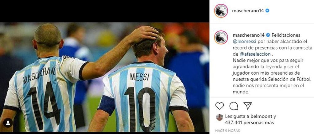 La publicación de Javier Mascherano después de que Lionel Messi alcanzara los 147 partidos disputados con la Selección Argentina.
