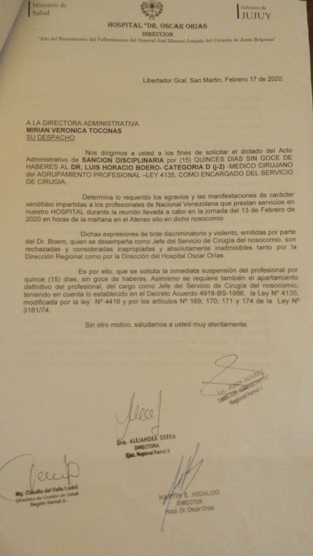 Nota fechada el 17 de febrero, en la que la superioridad solicita la aplicación de sanciones al Dr. Horacio Boero.