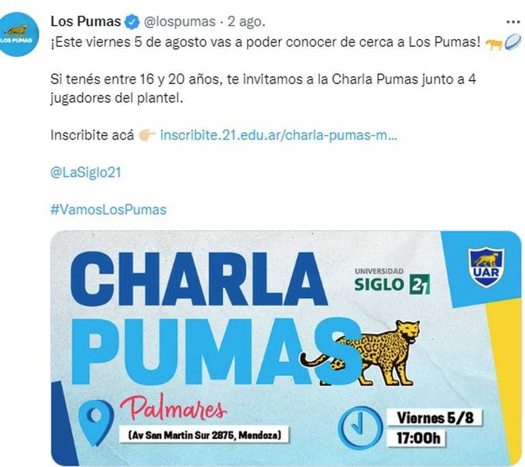 El viernes 5 Los Pumas ofrecerán una chara en Mendoza.