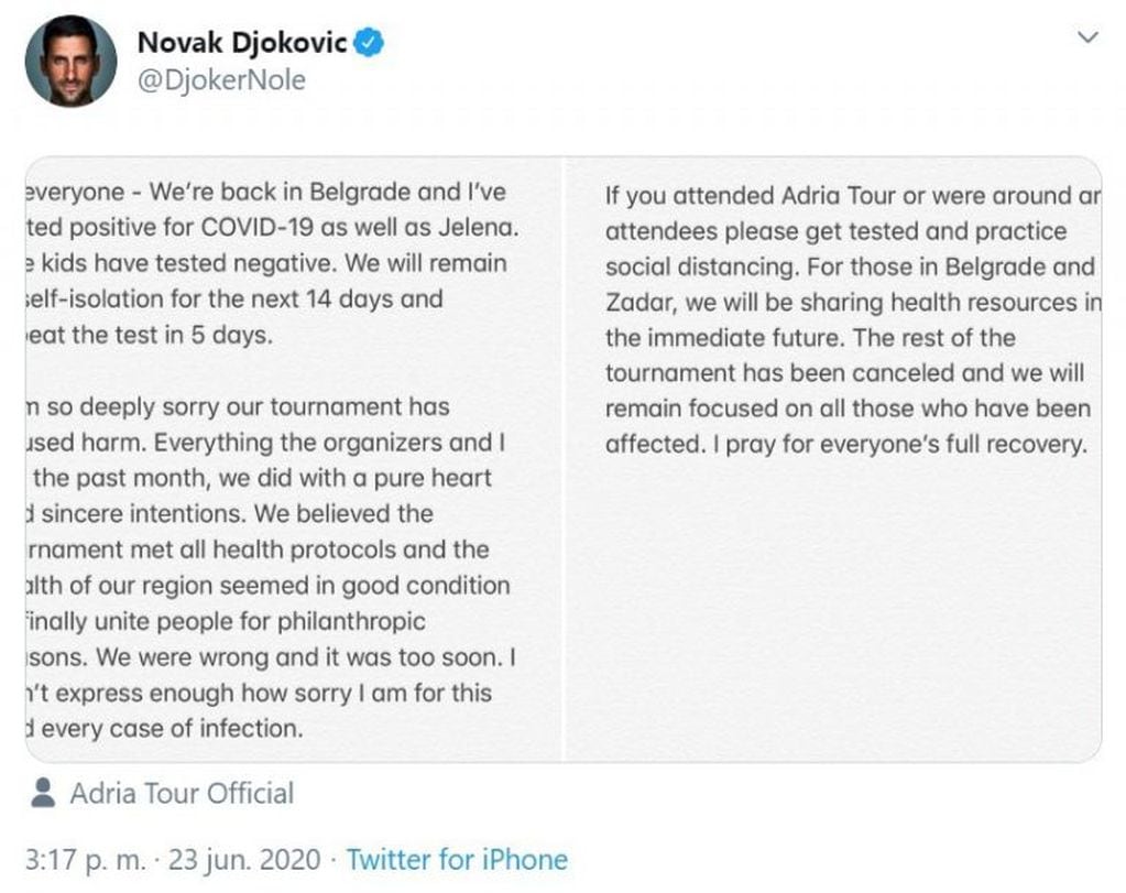 La publicación de Djokovic (Foto: captura Twitter)