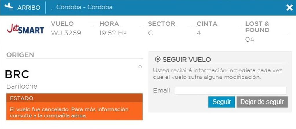 JetSmart. Cancelaciones en vuelos desde y hacía Córdoba.