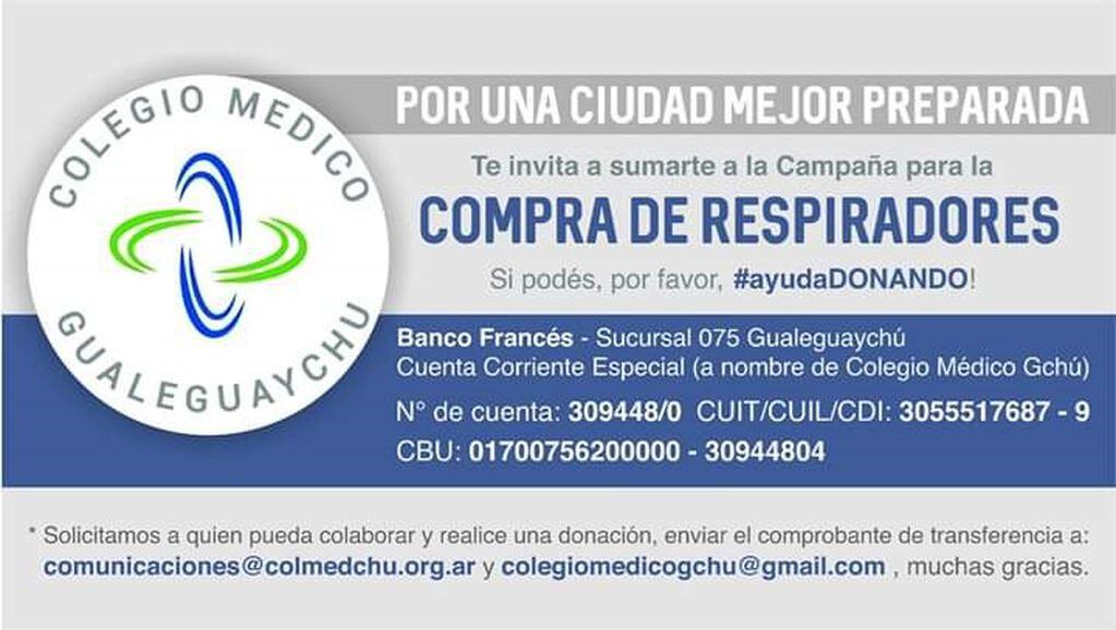 FLYER- Donaciones para la compra de respirados para Gualeguaychú
Crédito: Colegio Médico Gualeguaychú
