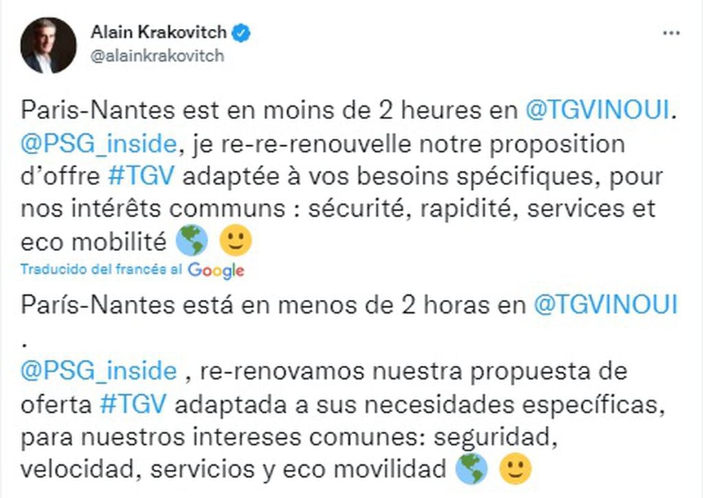 El tuit del director de la red francesa de ferrocarriles.