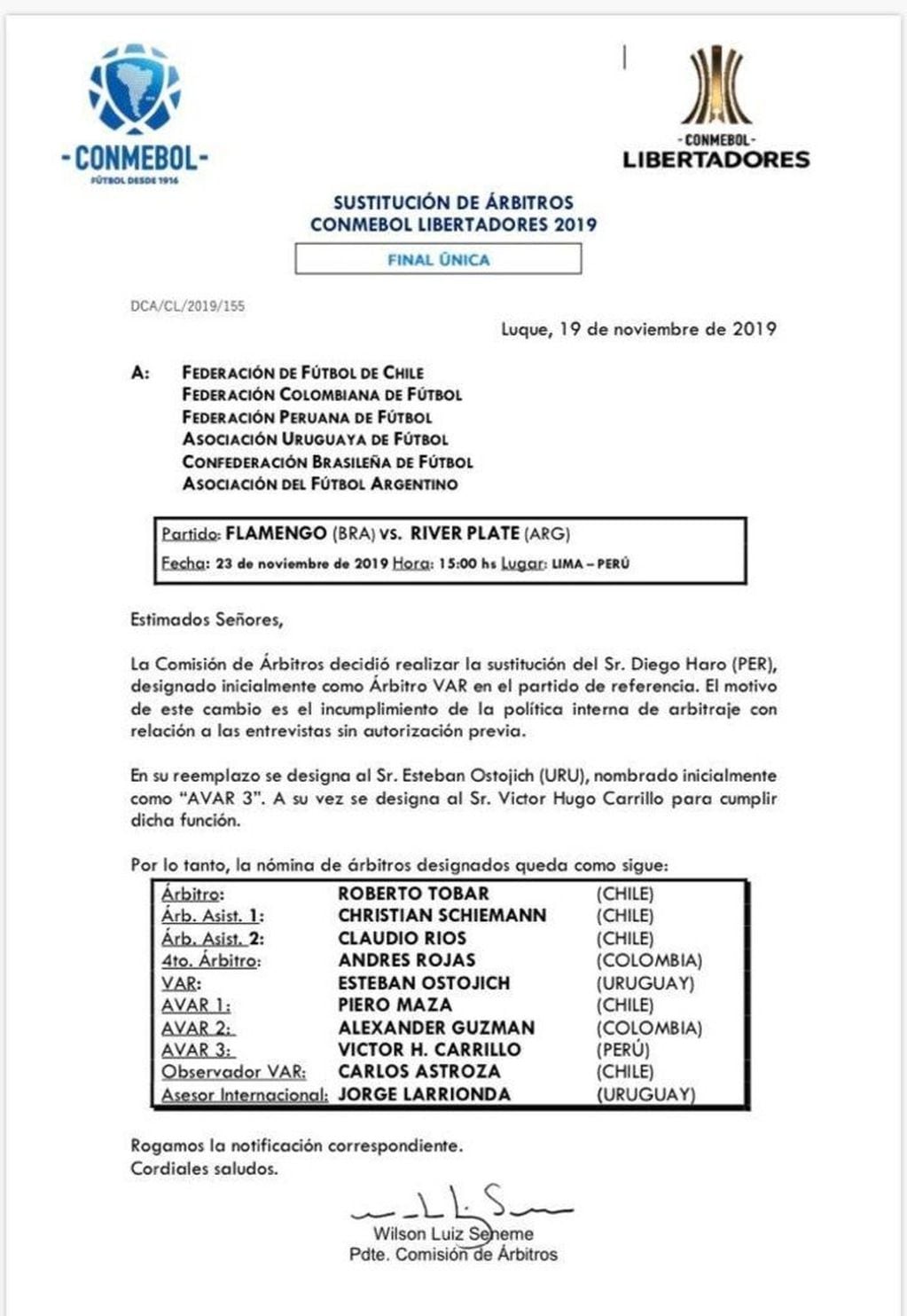 El comunicado de la Conmebol anunciando el cambio del encargado del VAR, tras el castigo al peruano Diego Haro. (Conmebol)