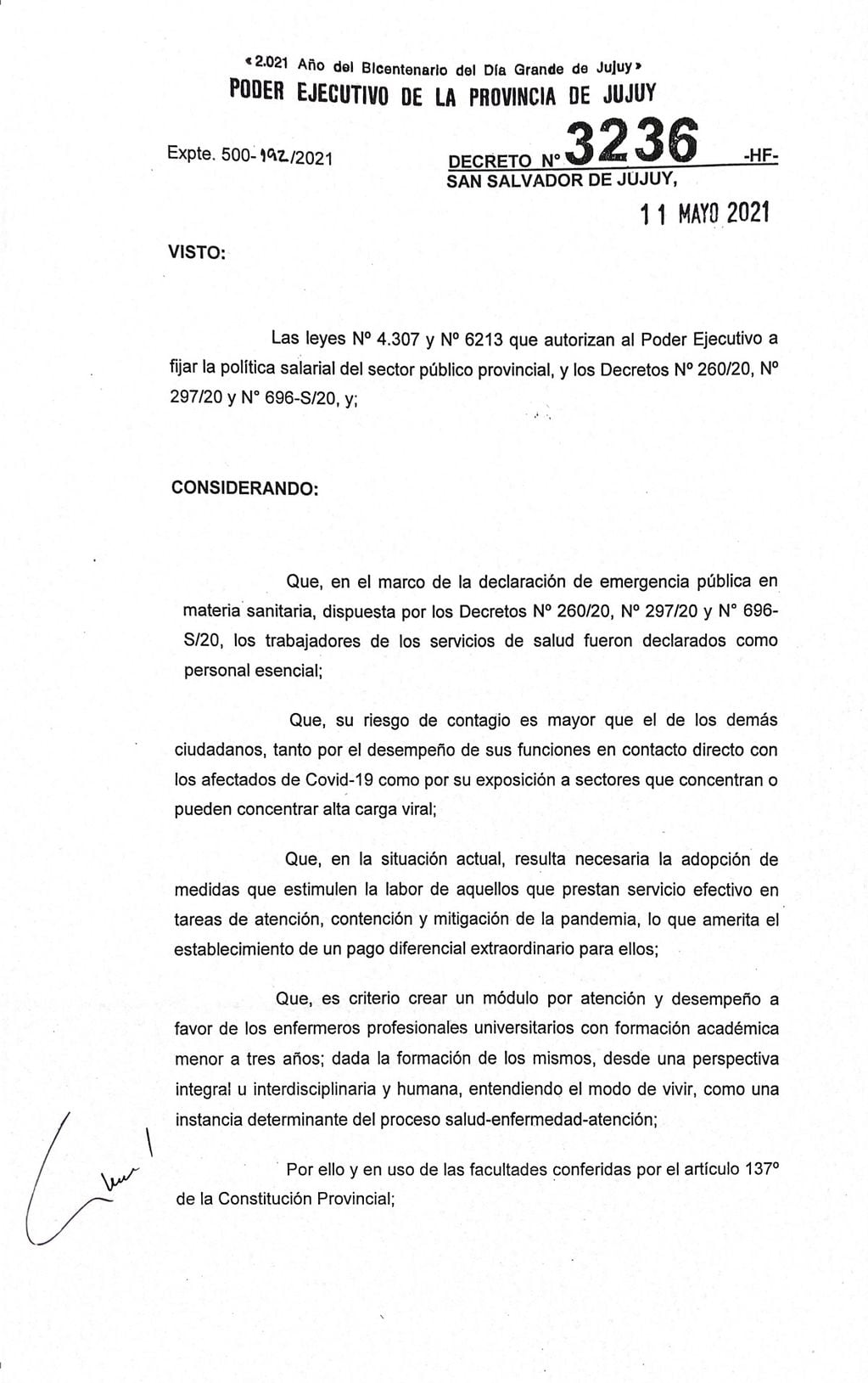 El decreto N° 3236-HF que implementa el "Módulo por Atención y Desempeño" para el personal de enfermería de Jujuy.