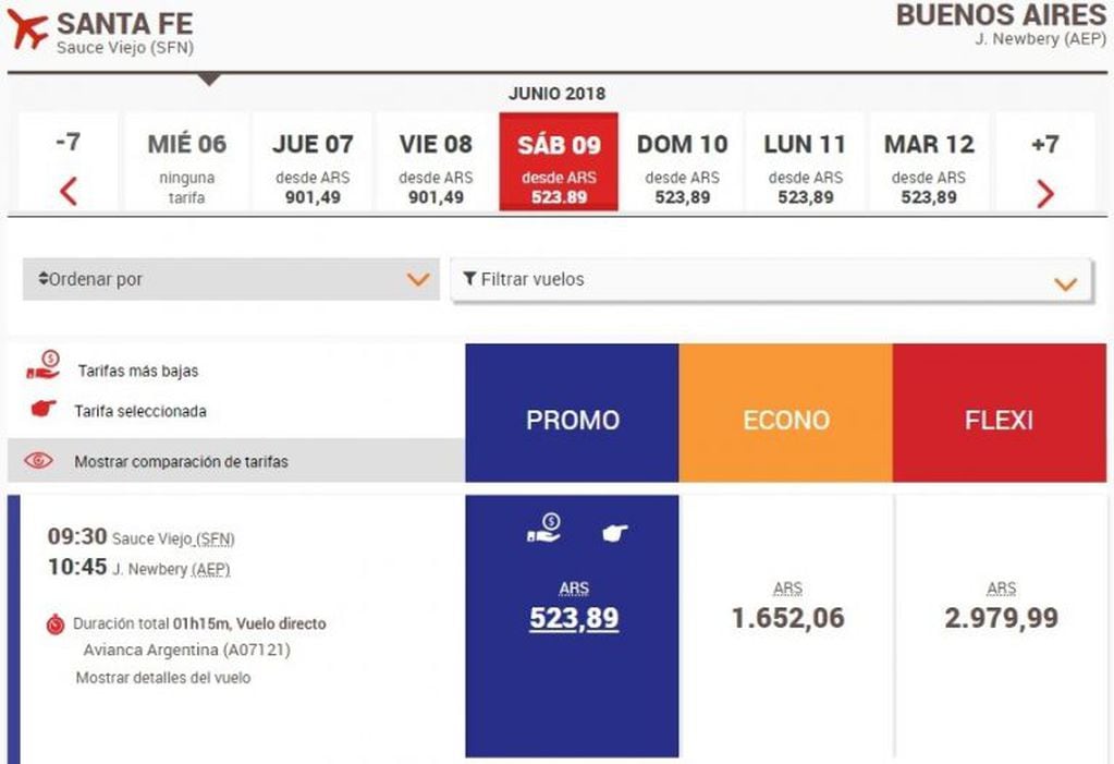 Desde junio se consiguen vuelos de Aeroparque a Santa Fe y viceversa por Avianca, por menos que lo que cuesta un pasaje de colectivo. (Captura de pantalla)