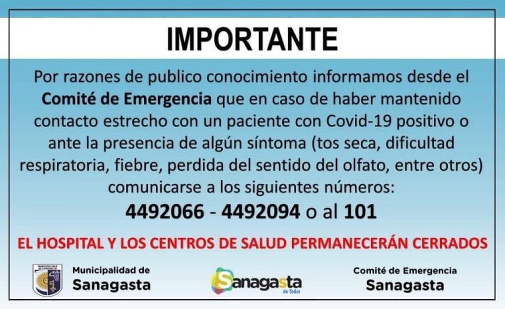 Comunicado de la Municipalidad de Sanagasta