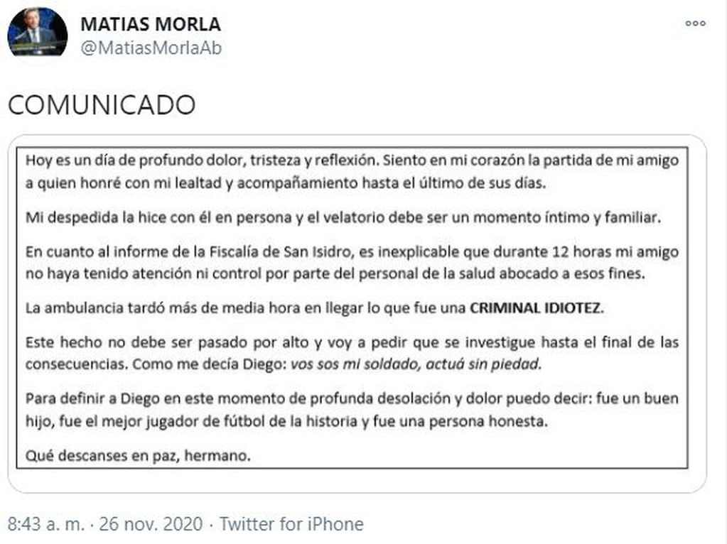 El comunicado que emitió Matías Morla al día siguiente de la muerte de Diego Maradona.