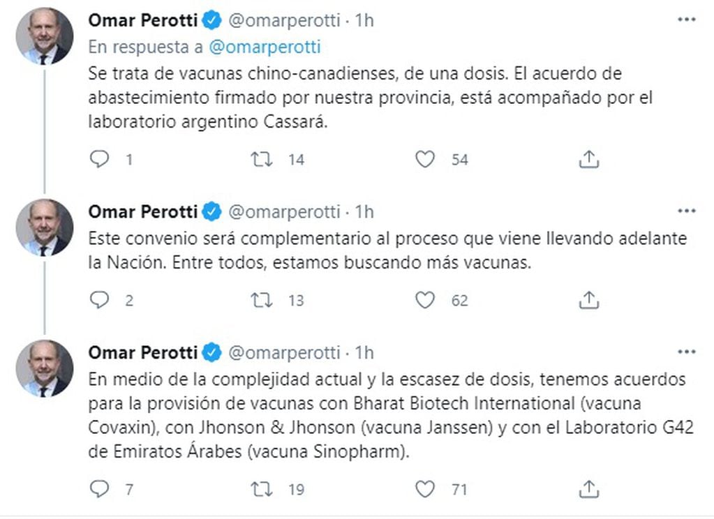 Perotti anunció la llegada de un millón de vacunas CanSino
