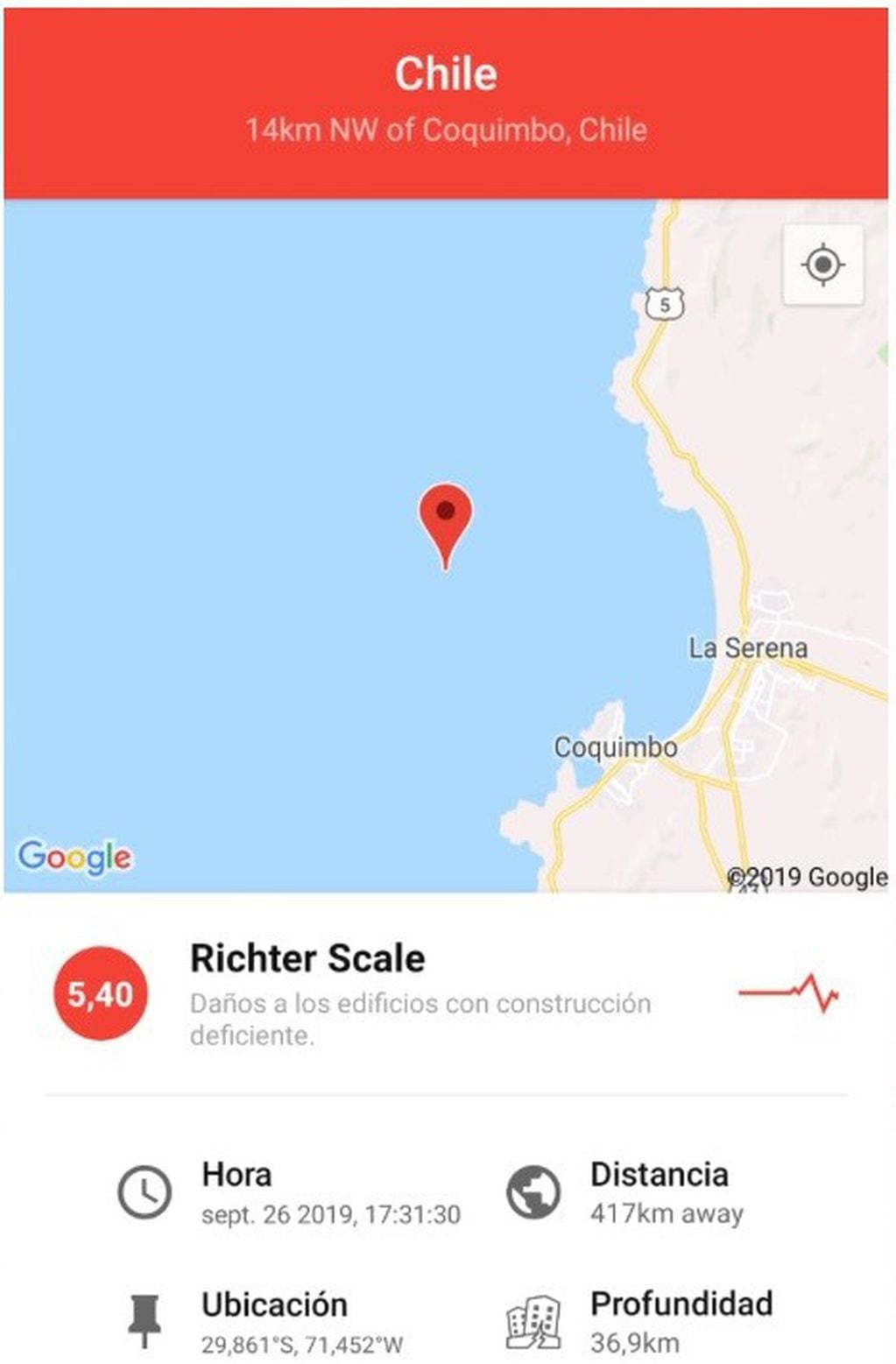 Ubicación del reciente temblor en La Serena, Chile.