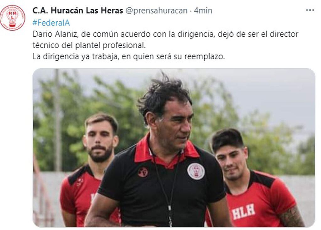El técnico Darío Alaniz se desvinculó de Huracán Las Heras.