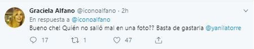 Graciela Alfano tuvo que salir a defender a Yanina Latorre en Twitter (Foto: Captura de Twitter)