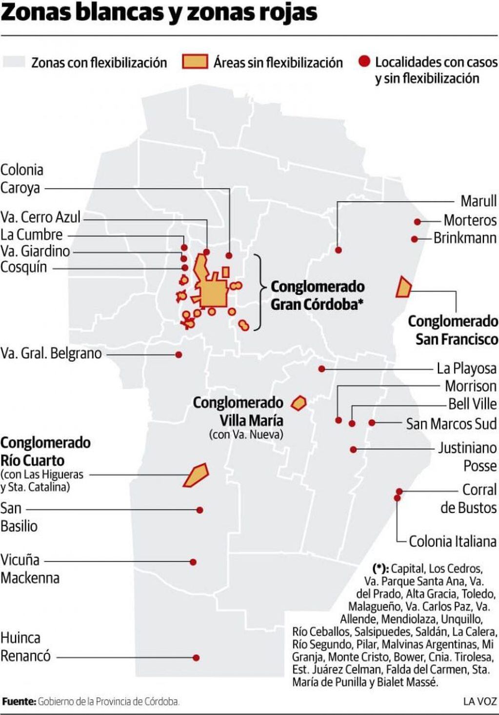 Las zonas "blancas" y "rojas" en la Provincia de Córdoba.