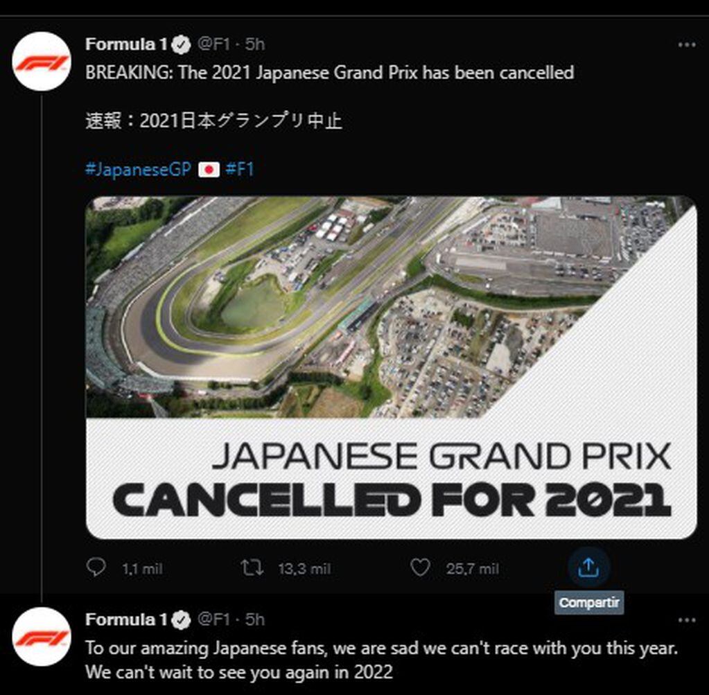 La Fórmula 1 anunció que no habra Gran Premio en Japón.