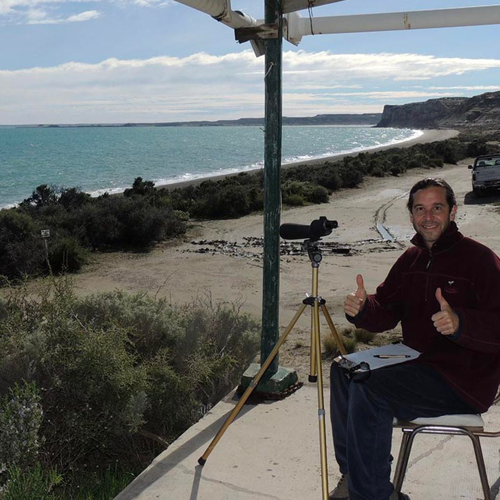 Sironi fotografiando en la playa cuando distinguió a Hueso desde su telescopio.