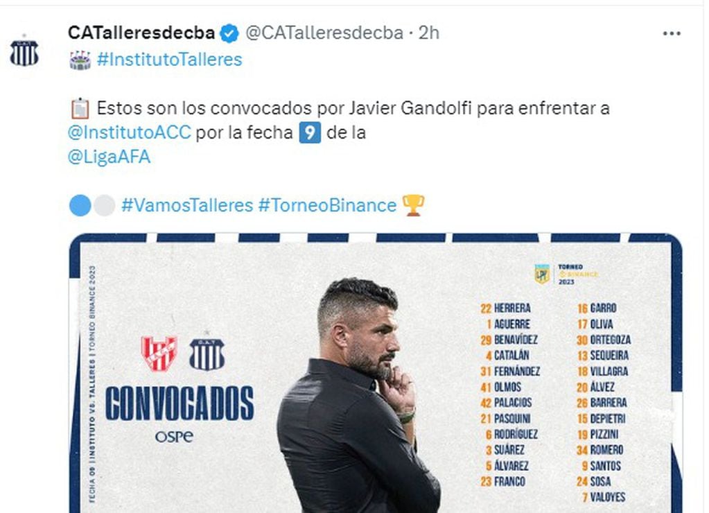 Javier Gandolfi no contará ni con Juan Carlos Portillo ni con Julio Buffarini para el Instituto-Talleres