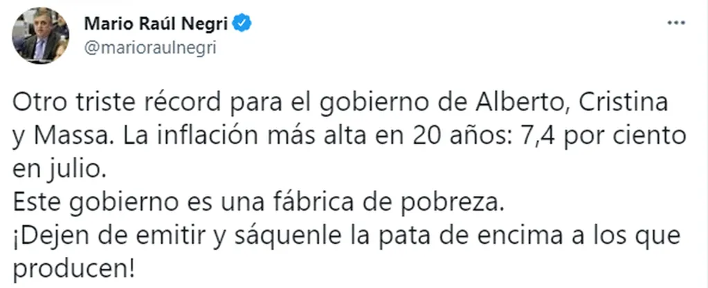 Mario Negri y su tuit: "Otro triste récord para Alberto y Cristina".