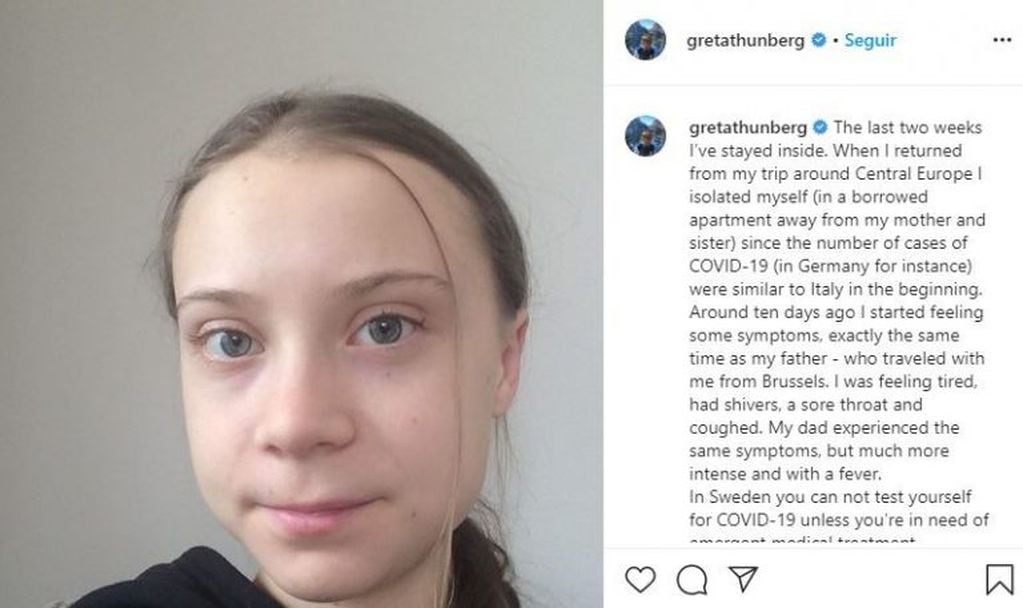 Greta Thunberg se auto aisló por síntomas de coronavirus y pidió a los jóvenes tomar conciencia
