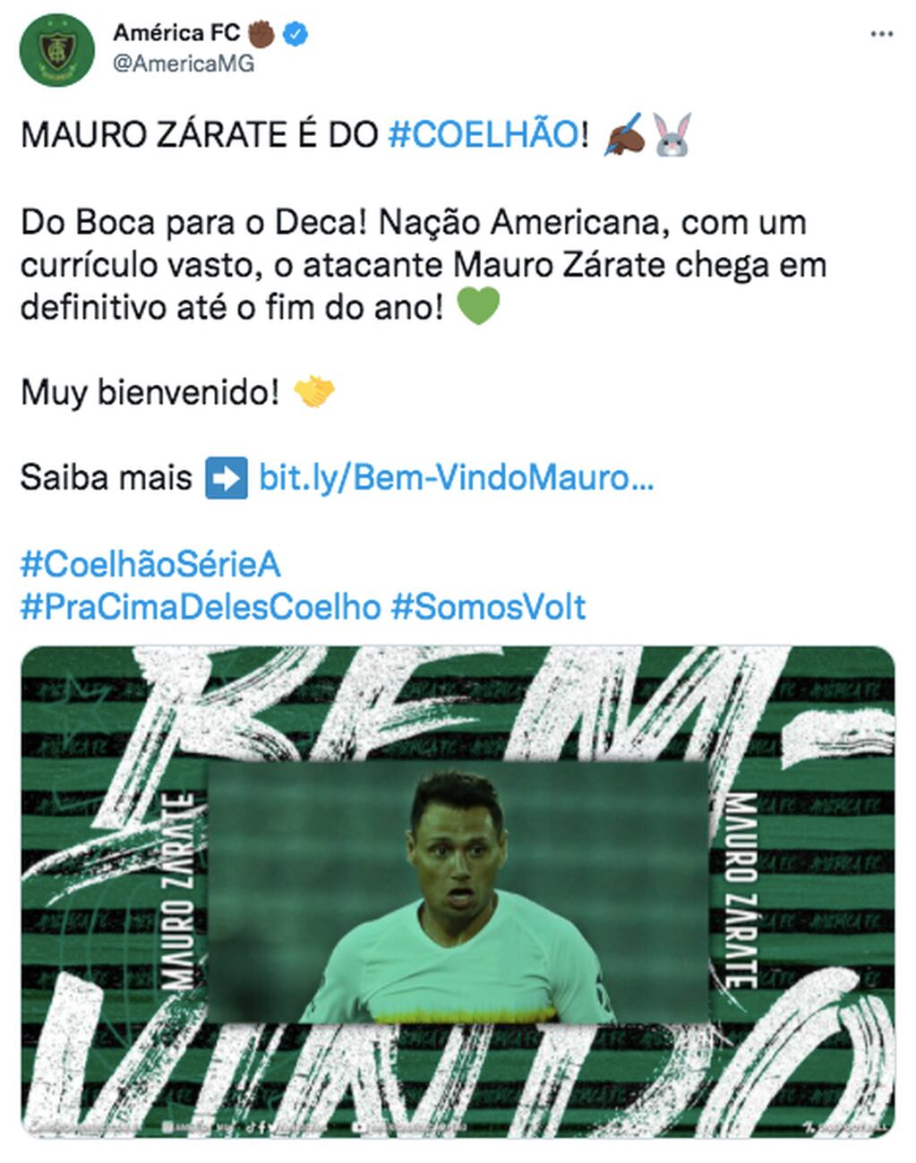 El anuncio del América Mineiro por la contratación de Mauro Zárate.