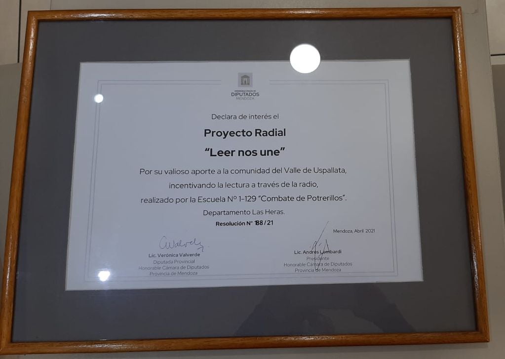 El reconocimiento que recibió la escuela por el proyecto.