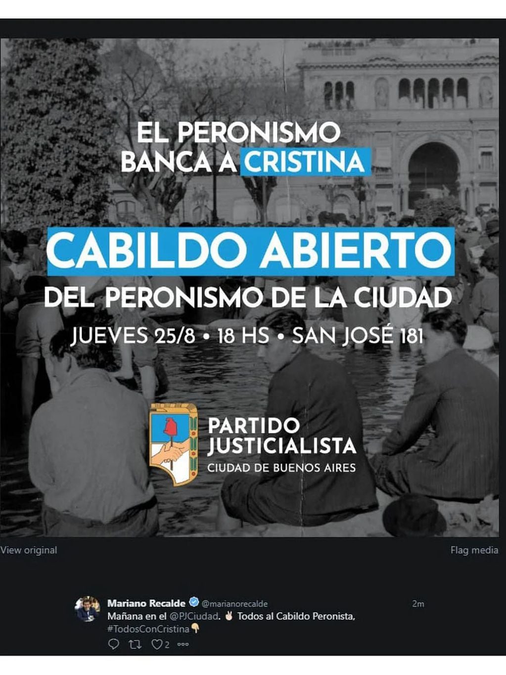 La convocatoria para el "Cabildo Abierto" en apoyo de Cristina Kirchner.