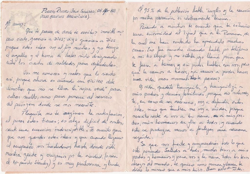 Una de las cartas que Roberto le escribió a su mujer cuando estaba en Malvinas.