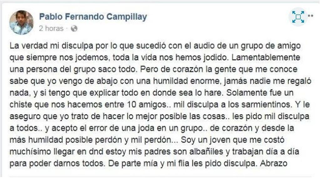 Facebook: descargo de Campillay.