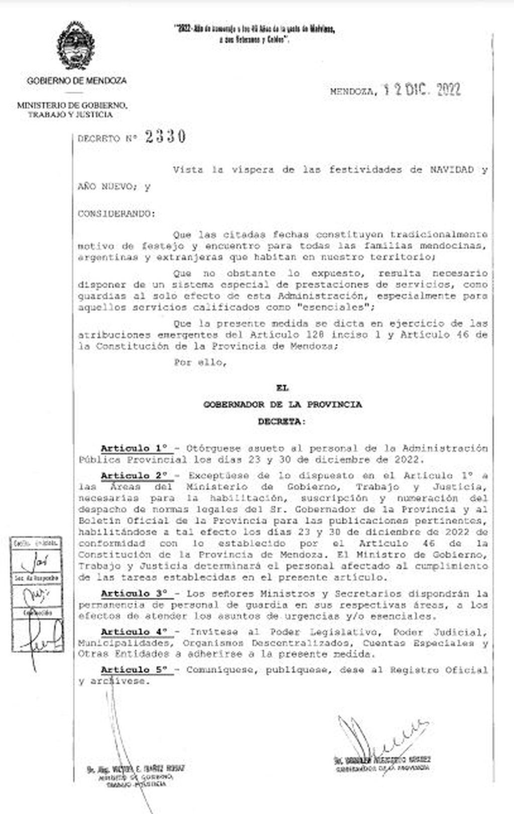Decreto de Mendoza, asueto para el 23 y 30 de diciembre 2022.