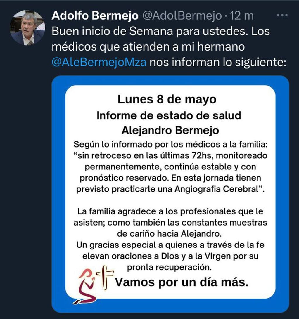 El senador mendocino, Alejandro Bermejo, continúa internado y le harán nuevos estudios.