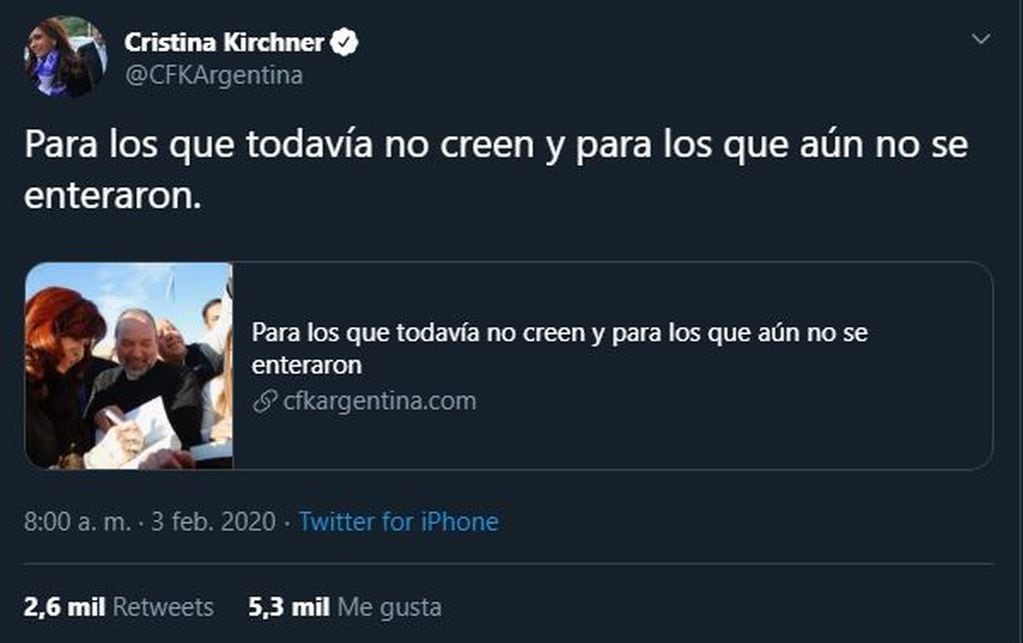 El posteo de CFK (Twitter)
