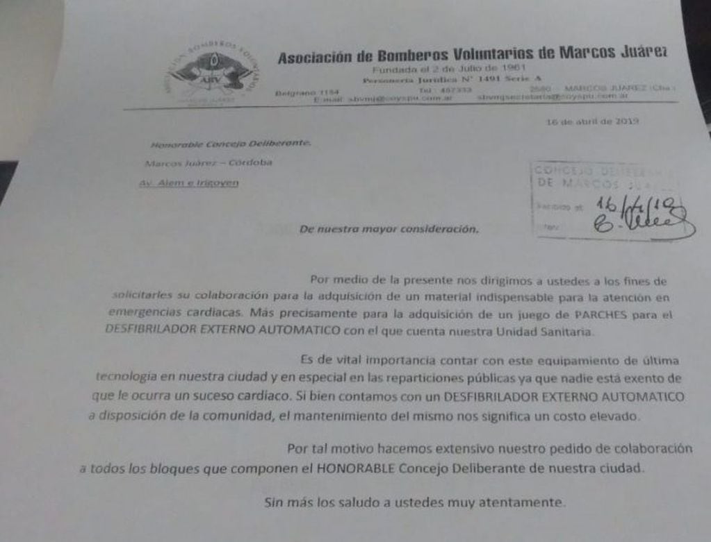 Nota de Bomberos enviada al Concejo Deliberante.
