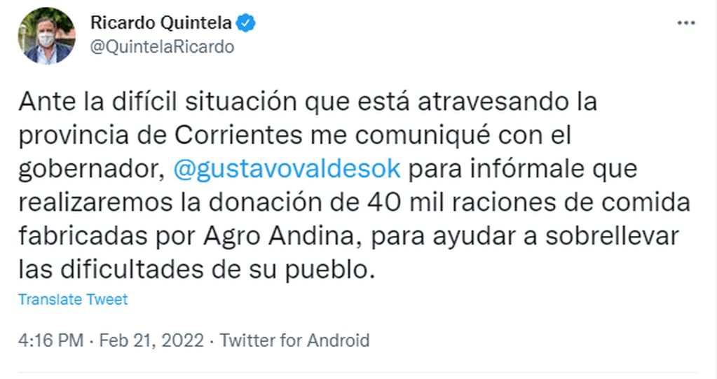 El gobernador de La Rioja informó que le donará alimentos a Corrientes.