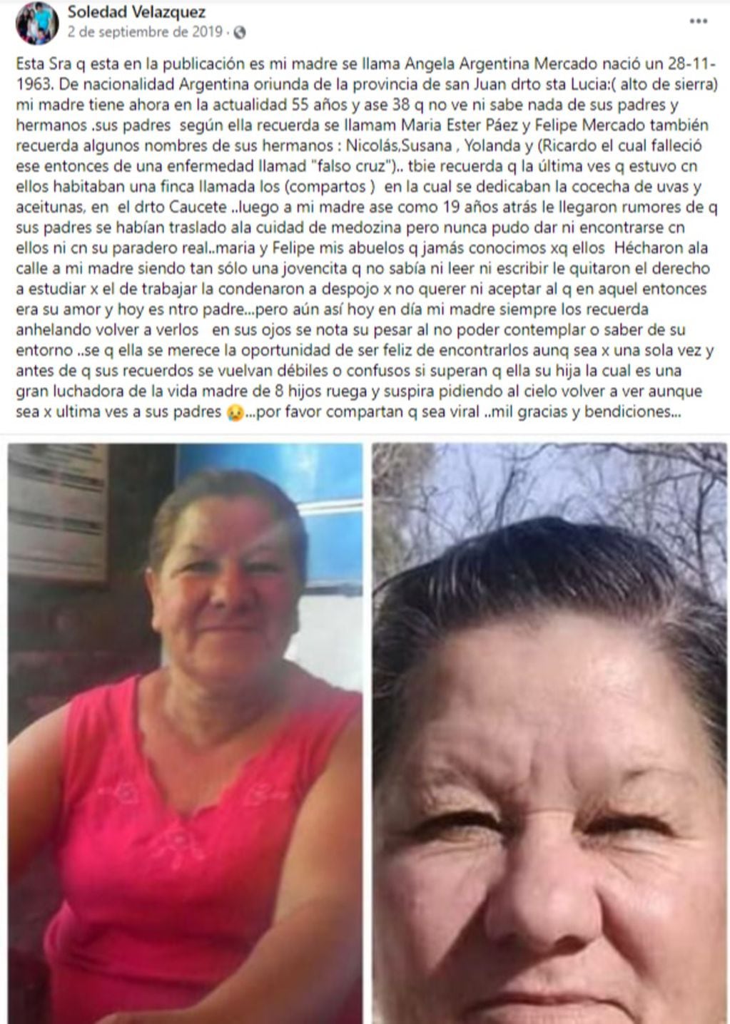 Publicación de Facebook de su hija, Soledad Velázquez