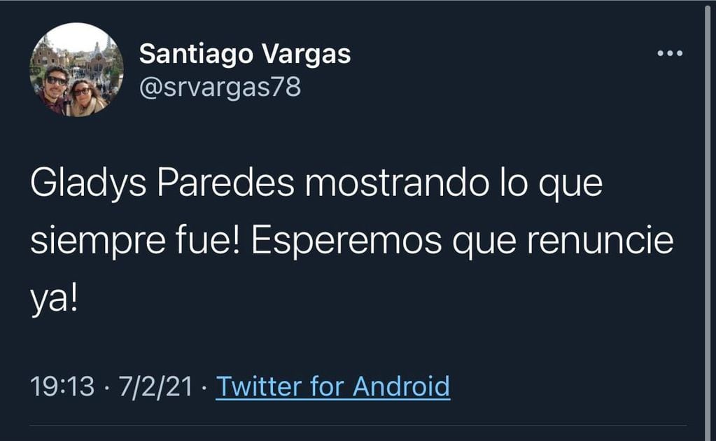 Santiago Vargas publicó un tuit que borró a las pocas horas.