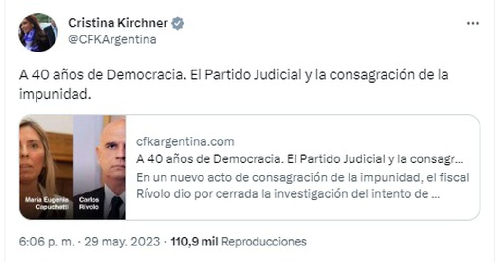 El mensaje de Cristina Kirchner para difundir su descontento con la decisión.