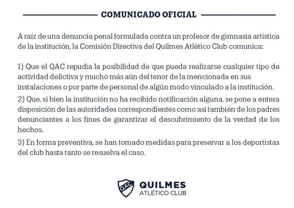 El comunicado del club Quilmes (Web)