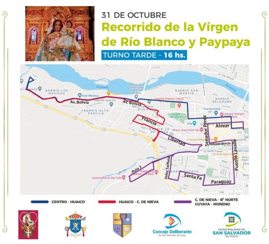 El recorrido que hará este sábado por la tarde la imagen de la Virgen del Rosario de Río Blanco y Paypaya.