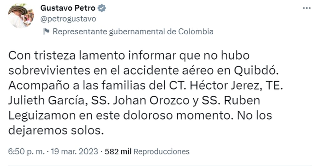 El mensaje del presidente Gustavo Petro tras el trágico accidente aéreo.