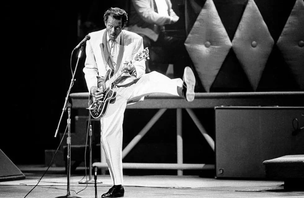 FILE - In this Oct. 17, 1986 file photo, Chuck Berry performs during a concert celebration for his 60th birthday at the Fox Theatre in St. Louis, Mo. On Saturday, March 18, 2017, police in Missouri said Berry has died at the age of 90. (AP Photo/James A. 